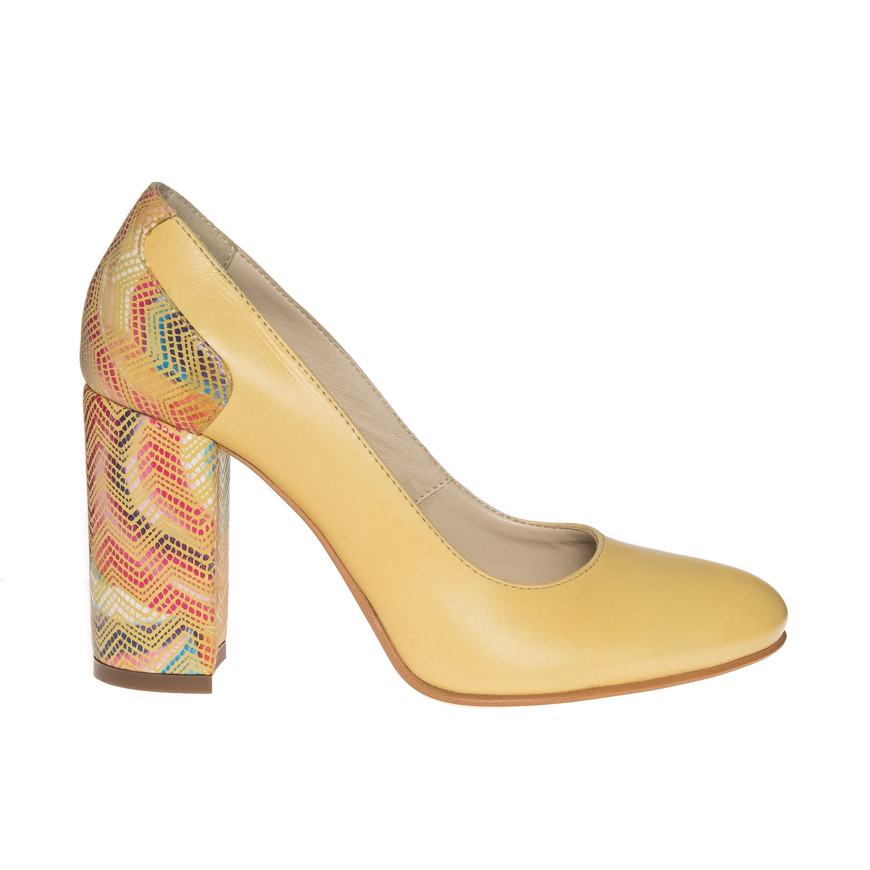 Pantofi dama din piele naturala - Galben cu toc multicolor - 112 GM
