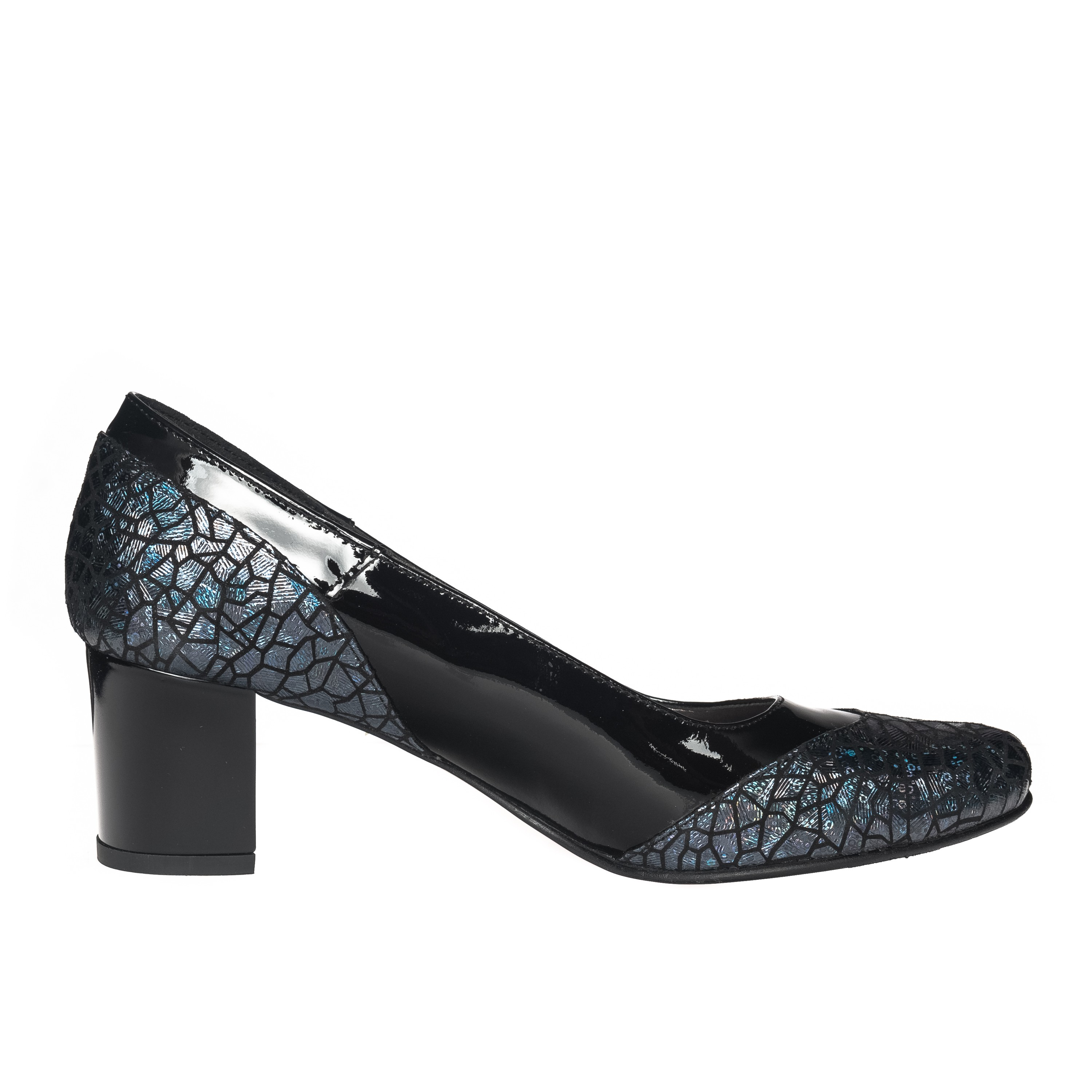 Pantofi dama din piele naturala - Negru lac cu imprimeu albastru - 504 NLIA