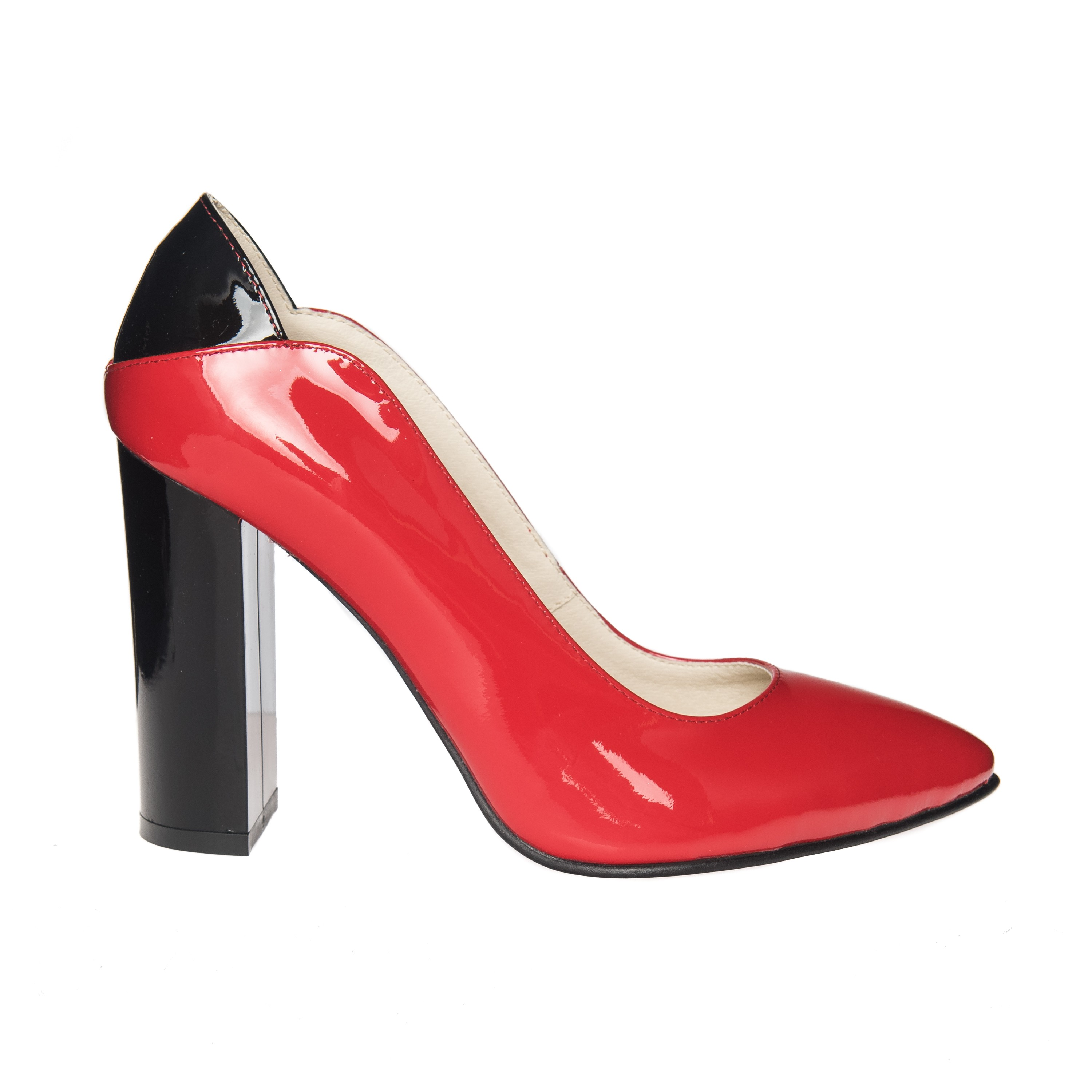 Pantofi dama din piele naturala - Rosu cu negru lac - R9 RNL