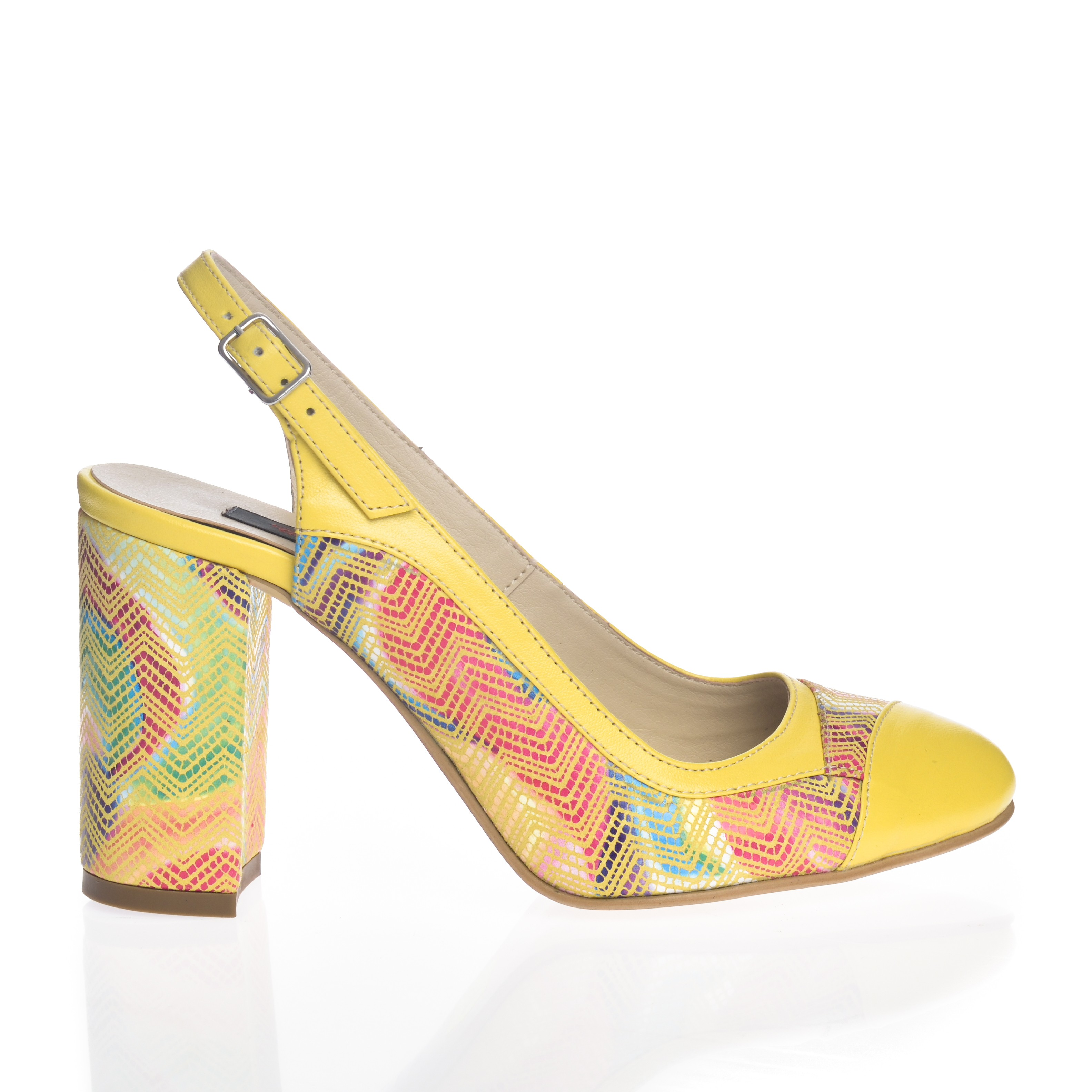 Sandale dama din piele naturala - Galben mozaic cu toc multicolor - 891 GMZ