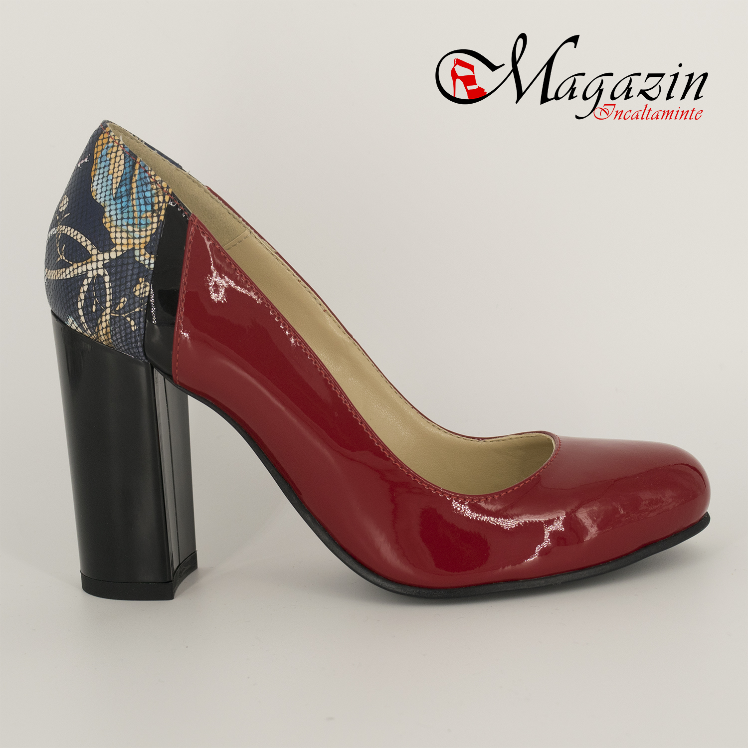Pantofi rosii cu imprimeu floral din piele naturala lacuita Corvaris - 334