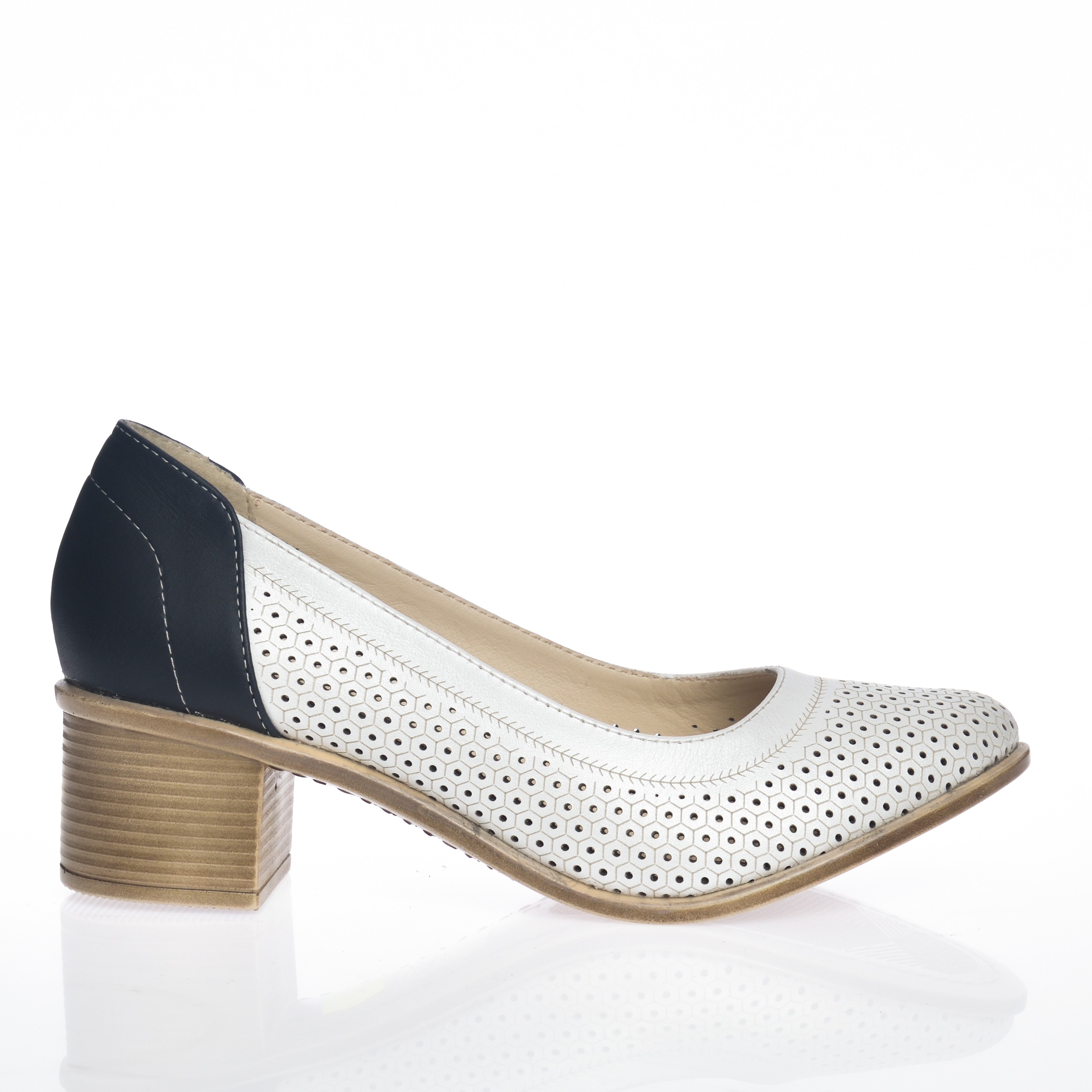 Pantofi dama din piele naturala - Alb cu Bleumarin - T12 AB